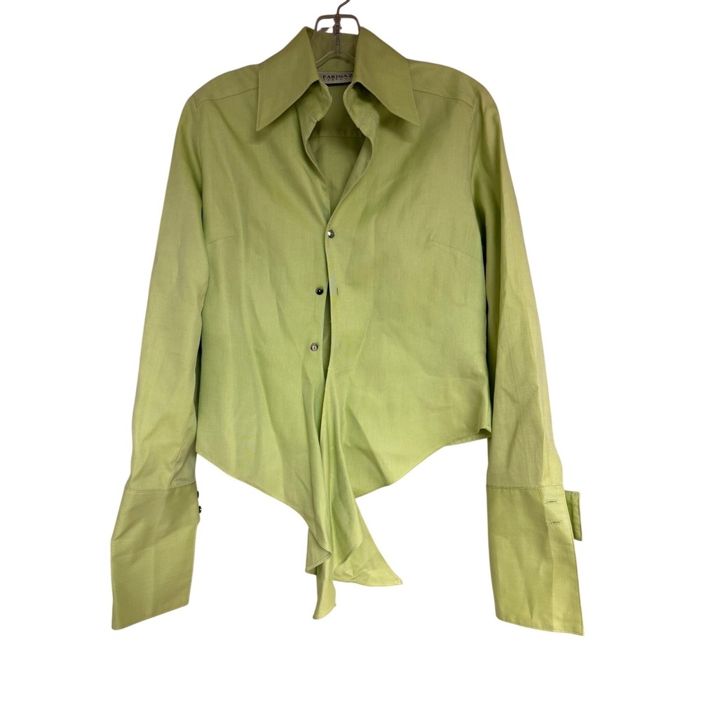 Farinaz Taghavi Italian Fabric Chartreuse Green Tie Front Cropped Blouse Shirt 4